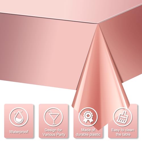 Image of 3 Pack Rose Gold Plastic Tablecloth, Dusty Pink Disposable Rectangle Table Covers, Holographic Metallic Foil Tablecloth Rose Party Supplies Decorations for Birthday Wedding Bachelorette, 54x108Inch
