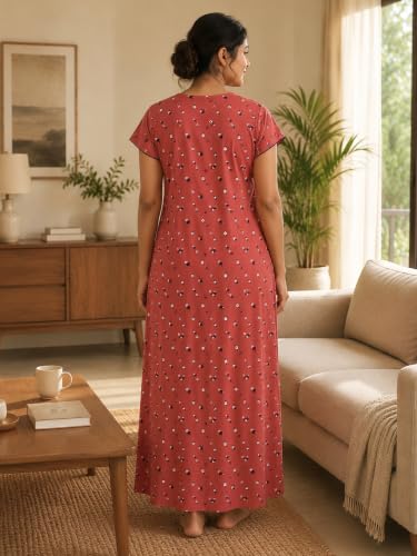 Image of 9shines Label Stylish Bamboo Cotton Nighty Maxi for Women | Full Length Trendy Nightgown | Premium Nightdress | Nightwear | Embroidery Nighty with Pocket (9666)