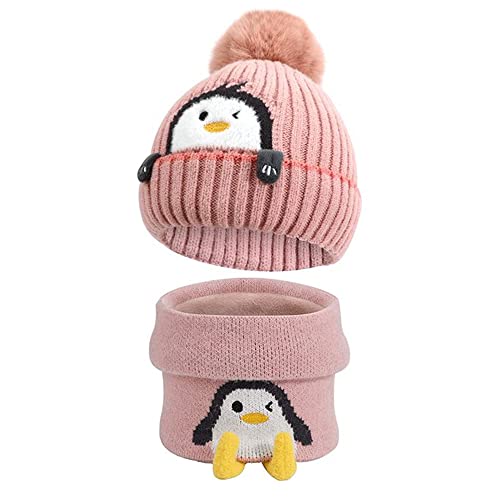 Little Surprise Box Pink Penguin Woven Stretchable Woolen Winter Cap for Kids with Matching Neck Muffler Set-2 (3-10Yrs)