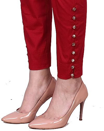 Image of POPWINGS Women Casual Mid Rise Stretchable Red Cotton Trouser