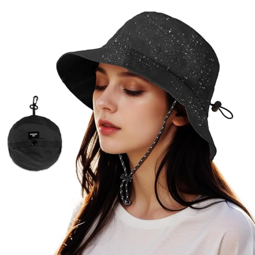 Hebenie Waterproof Bucket Hat for Women – Rain Hat, UV Protection, Adjustable & Foldable, Lightweight, Suitable for Outdoor, Hiking, Fishing and Beach Black