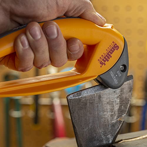 Smith’s 50582 Axe & Machete Sharpener - Axe, Machete, Hatchet, & Mower Tools - Large Handle W/ Finger Guard - Handheld Manual - Replaceable Carbide Blades - Wire-Bristled Cleaning Brush - Durable #TOP5