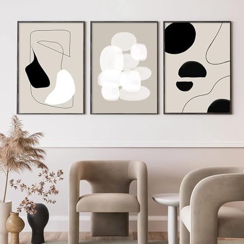 Tableau moderne abstrait ligne noir beige minimaliste triptyque en toile grand format 50x70