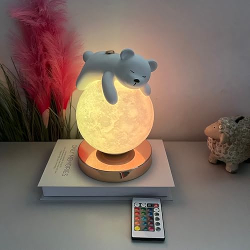 Image of CIMPEX Decorative Cute Teddy Figurine Moon Lamp Night Light, with USB Powered for Room Decoration, Gifting, Birthday, Anniversary, Christmas Light, Dimmable, 3 Ways Color Changing