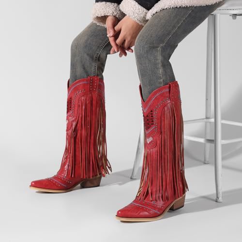 Fringe Cowboy Boots for Women Western Embroidered Tassal Cowgirl Boot Knee High Snip Toe Pull On Cow Boy Shoes2