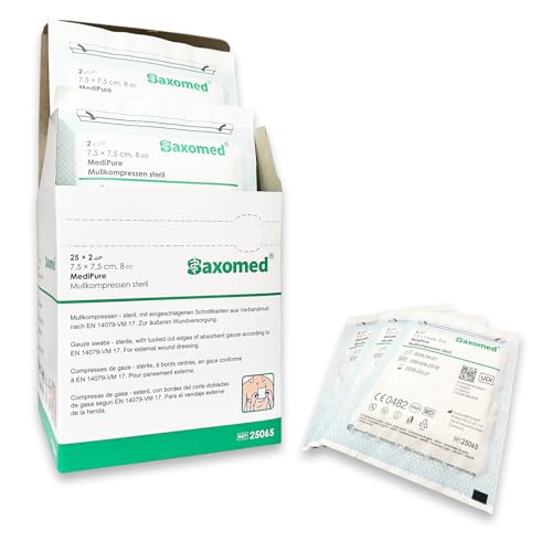 50 apósitos estériles de 7,5 x 7,5 cm – Apósitos estériles de 100% algodón – comprimidos de gasa estéril 7,5 x 7,5 cm en sobres individuales no adherentes – extrasuaves, transpirables y absorbentes