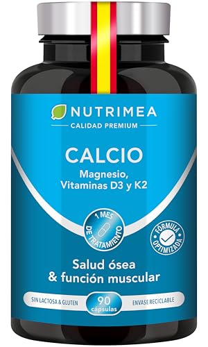 Calcio + Magnesio con Vitaminas D3 y K2 - Huesos y Músculos - Salud Dental - Fórmula Completa - 90 Cápsulas Veganas - Nutrimea