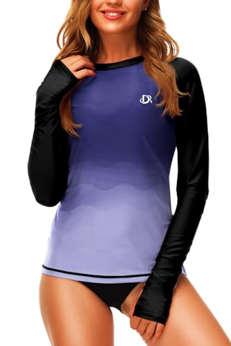 Women Gradient Swim Shirts SPF Long Sleeve Surf UPF 50+ Rash Guard Swimwear Top Black Grey L