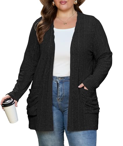 OLRIK Plus Size Cardigan for Women Lightweight Soft Knit Stretchy Open Front Long Sleeve Sweater with Pocket Fall Outfits2