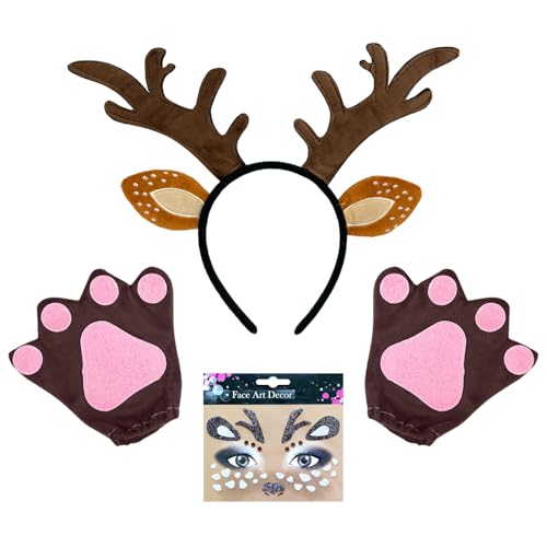 UILYNIU 3 Piezas Disfraz de Diadema Cuernos Ciervo para Adulto Niños Orejas de Cuernos Ciervo Cara Ciervo Tatuaje Guantes, Orejas de Animal Jirafa para Carnaval Halloween Tema Fiesta Disfraz (3PCS)