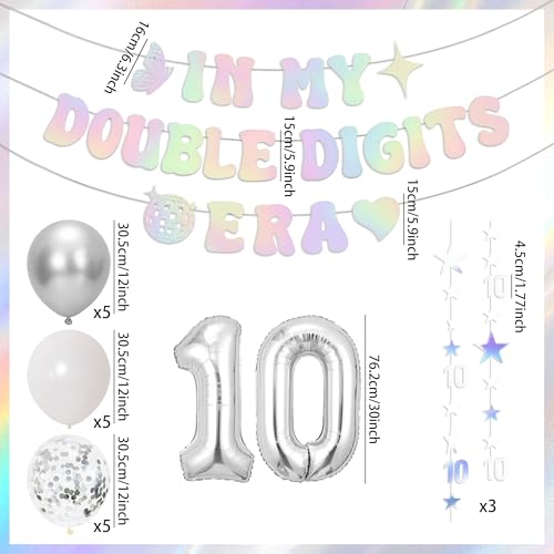 Image of 10th Birthday Decorations Silver, In My Double Digits Era Banner, Happy 10th Birthday Decorations for Girls Boys Double Digits Party Supplies Silver Number 10 Balloon Butterfly 10 Party
