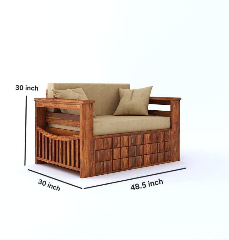 Image of Solid Sheesham Wood Sofa Cum Bed 2 Seater | Wooden Foldable Double Bed for Living Room with Headboard & Storage | Bed Cum Sofa with Mattress for Home | Diamond Design (Honey Finish)