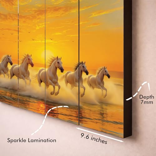 Image of The Castle Decor Running Horses with Rising Sun Vastu Painting | Wooden Frame Multi-Panel Wall Art for Living Room (Multi Color - Design 7, 27x48 Inch)