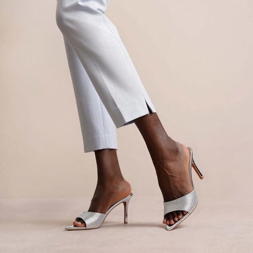 Women's Pointed Open Toe Stiletto Slide Sandals Slip on Glitter Rhinestones High Heels Mules Sexy Evening Party Wedding Prom Dress Shoes3