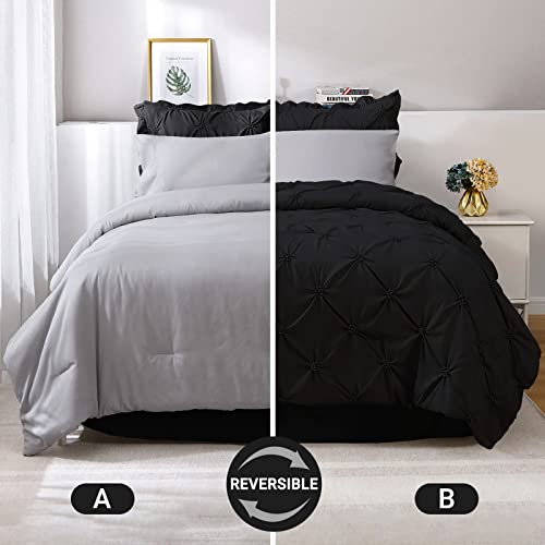 JOLLYVOGUE Black/Gray Bed in a Bag Comforter Set for Bedroom, Pintuck Twin Size Comforter Sets 5 Pieces, Bedding Comforter Sets with Comforter, Sheets,Ruffled Shams & Pillowcases
