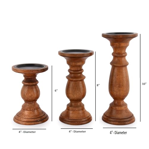 EDHAS Natural Round Turned Candle Holders for Pillar Candles Set of 3 Vintage Style Mango Wood Candle Holder for Centerpiece for Dining, Living Room