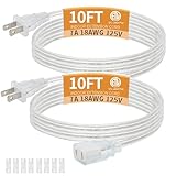 Haultop 2 Pack Clear Extension Cord with UL-Certified, 10 Feet Male to Female Extension Cords, 2 Prong Thin Extension Cord, Power Cable for Light Fixtures, 2 x 18AWG 7A/125V