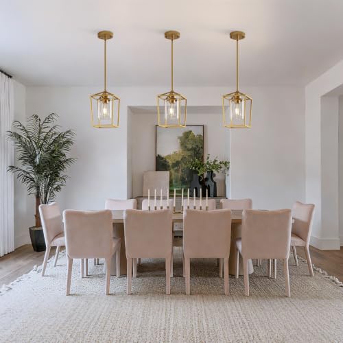 Image of 3 Pack Gold Pendant Lights, Modern Farmhouse Kitchen Pendant Lighting Over Island, Metal Cage Hanging Lights with Clear Glass Shade for Kitchen Island, Dining Room, Entryway, Hallway