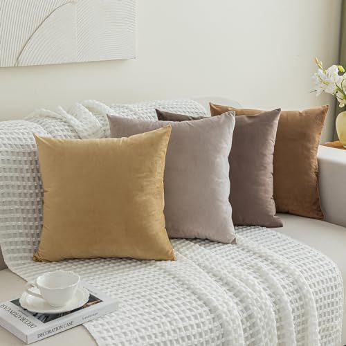 mosayt Fundas Cojines 45x45 cm Marron Beige de Terciopelo 4 Piezas Funda de Almohada Suave Decoración Hogar, para Sofá Silla Salon de Estar Exterior Jardin Funda de Cojin Moderna Color Gradiente