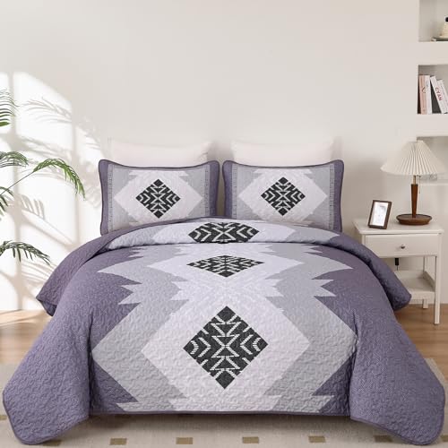 Dintszyayue Juego de edredón bohemio tamaño King, 3 piezas, color morado y gris, con textura azteca, juego de colcha con 2 fundas de almohada, juego de ropa de cama bohemio de microfibra suave y