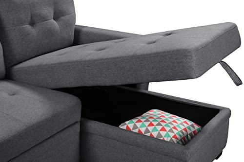 FANYE L-Shaped Corner Sleeper Sectional Couch Bed Linen Upholstery Sofa w/Reversible Storage Chaise,USB Charging Ports and Side Pocket for Home Apartment Office Living Room Furniture Sets, Dark Gray by FANYE - Image 5