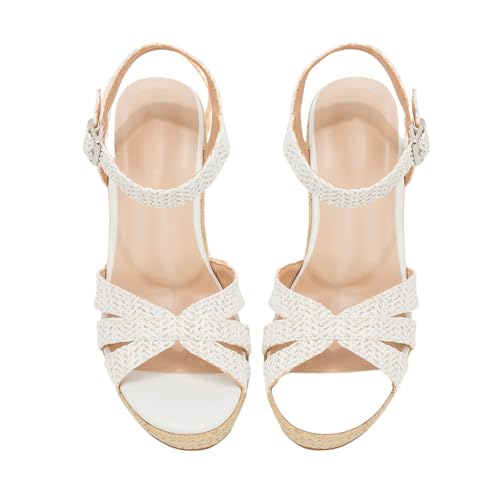 Image of Women's Wedge Platform Sandals - Stylish Raffia Woven Espadrilles Summer Sandals Women's Open Toe Buckle Ankle Wedge Heels