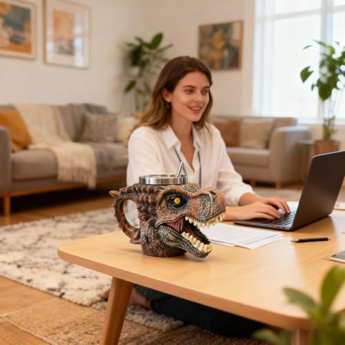 Taza de cráneo de dinosaurio antideslizante que evita derrames en el escritorio 3