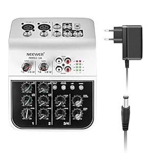 Neewer NW02-1A 2-kanaals Economisch mengpaneel voor condensatormicrofoon, compacte audio sound mixer met 48V fantoomvoeding 2-weg stereo ingang RCA in-/uitgang 4-band LED-niveau-indicator