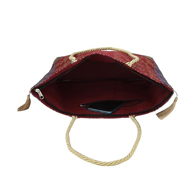 Image of Hand Purse | Traditional Hand Purse | Silk Wallet Hand Bag | Shagun HandPurse | Gifts HandBag | Golden Handle Tote Handbag | Brocade Shoulder Bag | 16 INCH