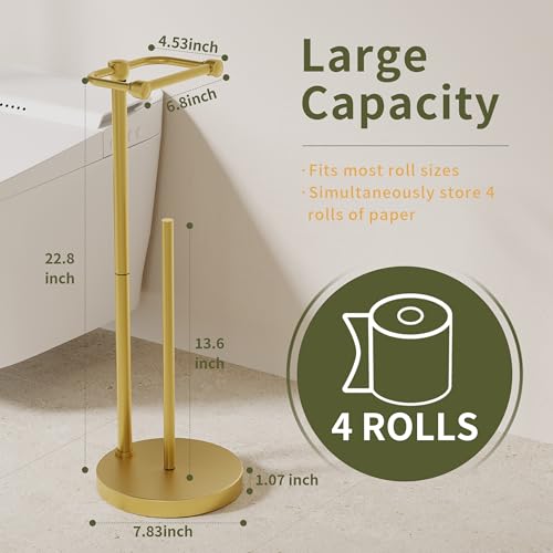 Image of Toilet Paper Holder Stand, Modern Bathroom Free Standing Toilet Paper Holder with Storage for 4 Rolls, Post Pivoting Toilet Paper Stand Stainless Steel Tissue Rack, Heavy Stable Base(Brushed Gold)