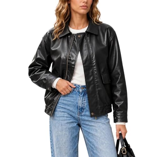 MaMiDay Faux Leather Jacket for Women Lapel Zip-Up Bomber Coat - image 1