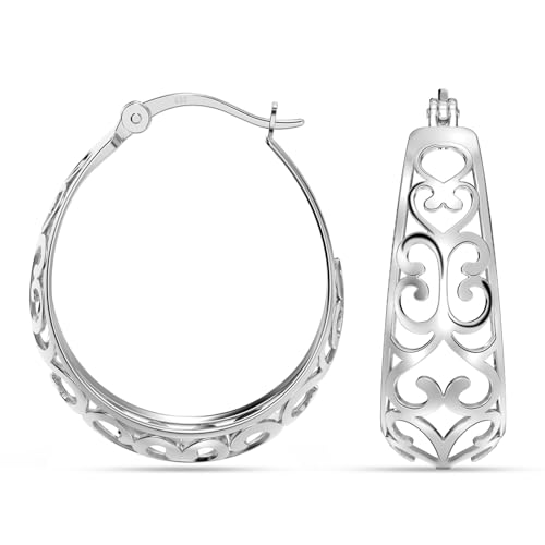 Image of TRUESILVER ACPL 925 Sterling Silver BIS Hallmarked Filigree Hoop Earrings for Women & Girls | Lightweight Designer Oval /Round Hoops | Everyday Wear | Gift for Her