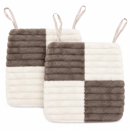 Image of Amazon Brand - Umi Taupe & White Checkerboard Faux Fur Chair Seat Cushions, 16x16 Inch Fluffy Dining Chair Pads with Ties, Foam-Filled Modern Neutral Chair Pads, Set of 2