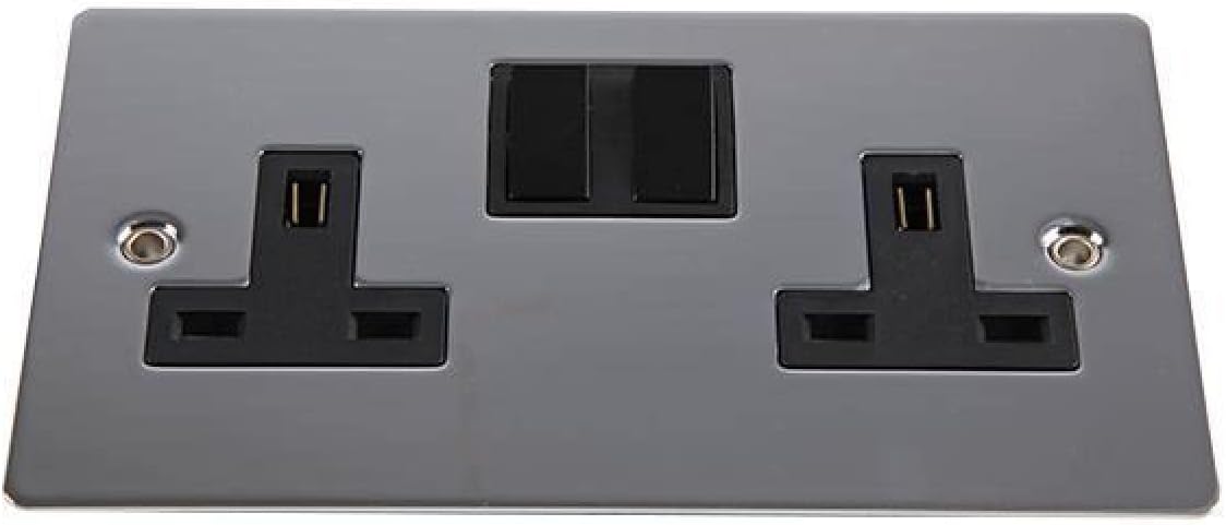 2 Gang DP Flat Switched Socket, Polished Chrome/Black