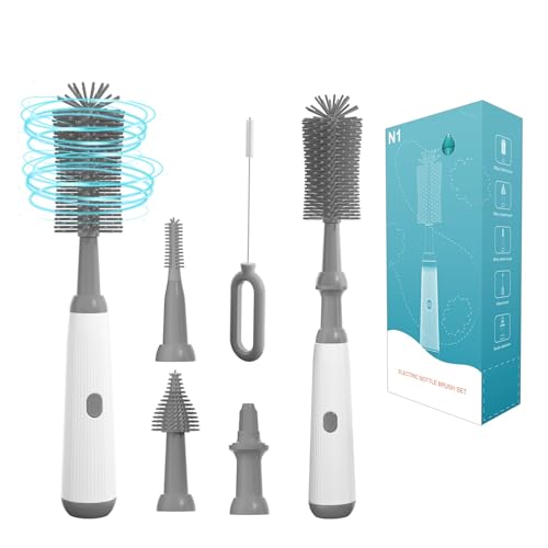 Image of Electric Bottle Brush Set with Electric Bottle Brush Cleaner, 3 Replaceable Baby Bottle Brushes and Extension Handle. Silicone Bottle Brush, Waterproof, Perfect Baby Essentials(Grey)