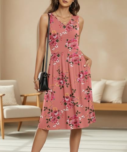 Image of NILOUFO Sleeveless Dress for Women Summer Knee Length Sundress with Pockets | Sundresses for Women Tank Empire Waist Sun Dress Cold Shoulder Casual V Neck Midi Dress Flowy Summer Dresses for Women