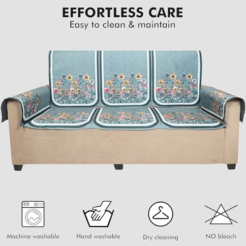Image of Velvet Single Seater Sofa Cover with 2 Seat and Back Covers, 2 Hand Rest Covers - Floral Design - Washable Fabric - Stylish Sofa Cover for Modern Living Room (Green, 1 Seater With Arm Cover)
