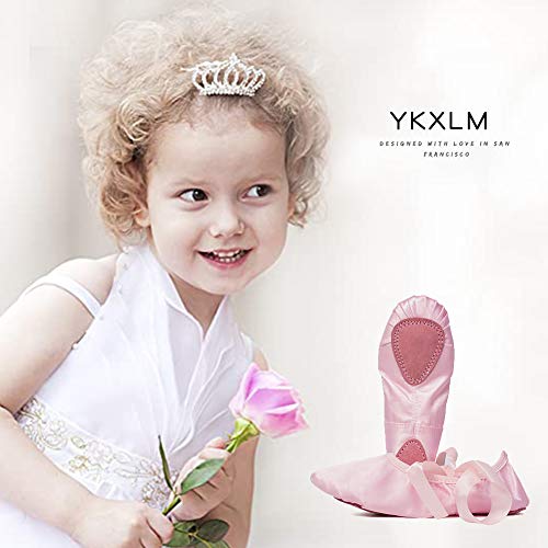 JUODVMP Girls Ballet Dance Shoes Satin Slippers Gymnastics Flats Split Sole with Ribbon,Model TJBLDM4