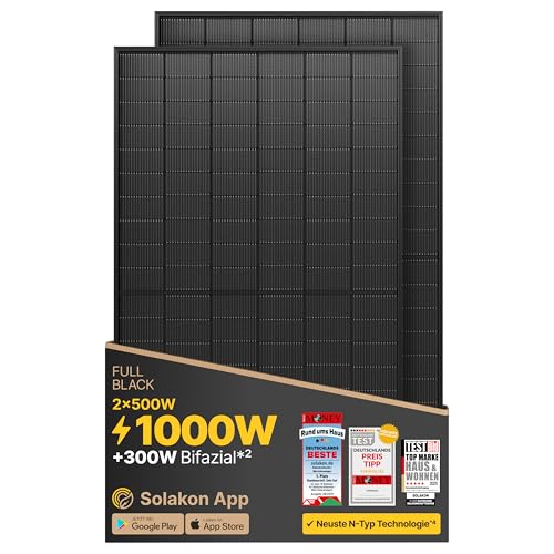 Solakon Solarpanel 500W, Bifazial Glas-Glas N-Type Solarmodul, 40v Full Black Solarmodule/Solar...