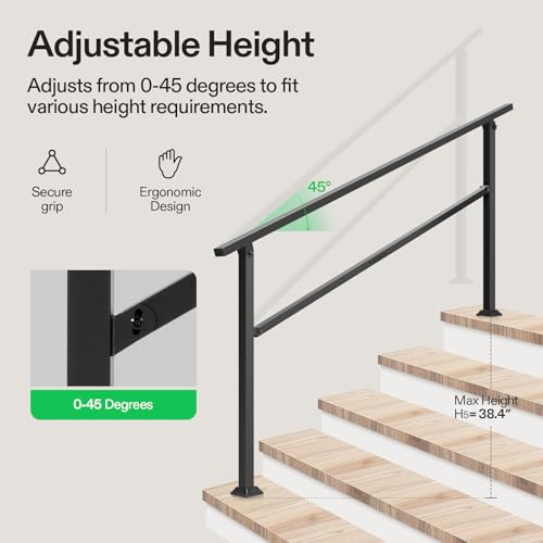 Image of VIVOSUN 5-Step Stair Handrail 69 inchx36 inch Wrought Iron Porch Railing Black | Sturdy wrought iron handrail for elderly and family; rustproof black; full hardware included; for porch, deck, concrete steps