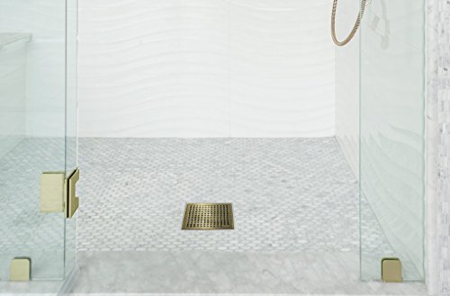Qm Square Shower Drain, Grate Made Of Stainless Steel Marine 316 And Base Made Of Abs, Lagos Series Mira Line, 5 Inch 3/4, Satin Gold Finish, Kit Includes Hair Trap/Strainer And Key #TOP2