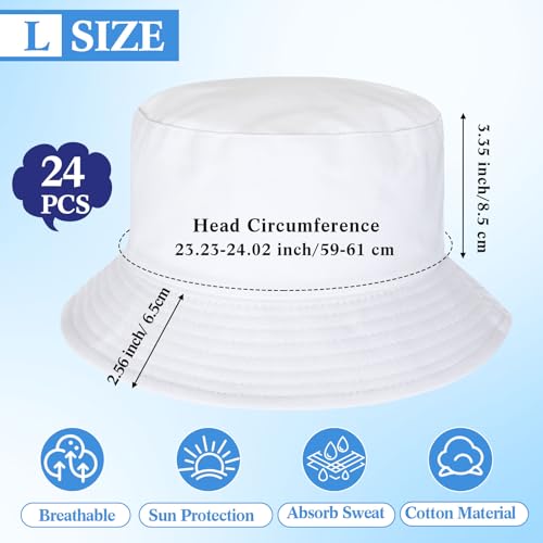 Velmitten 36/24/12 Pcs Bucket Hats for Men Women Bulk Cotton Fishing Cap UV Protection Beach Foldable Solid Color Sun Cap(24 Pcs,White,L)