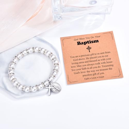 Pearl Cross Charm Bracelet for Girls, Baptism First Communion Easter Confirmation Gifts for Teens Girls Kids, Catholic Religious Christian Jewelry for Teens Goddaughter4