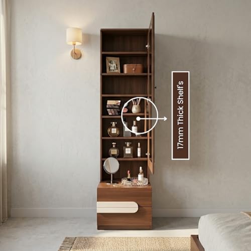 Image of CASPIAN Engineered Wood Single Door Wooden Vanity Dressing Table (Rainforest Brown) | Pre-Assembled Furniture with Mirror | Bedroom Storage for Makeup & Accessories Organizer | 6 Shelves & 2 Drawers