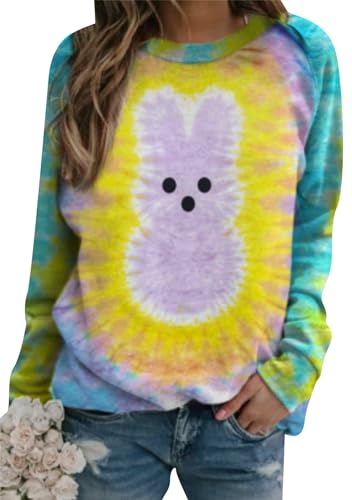 Image of Women's Easter Basic Sweatshirt Crew Neck Long Sleeve Sweatshirt Casual Loose Sweatshirt with Rabbit Print