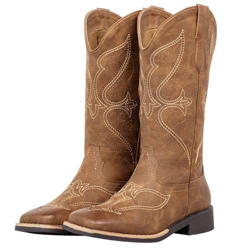 Image of SheSole Women's Square Toe Mid-Calf Western Cowgirl Boots with Cutout & Stitched Embroidery, Chunky Block Heel Fashion Cowboy Boots for Concert Daily