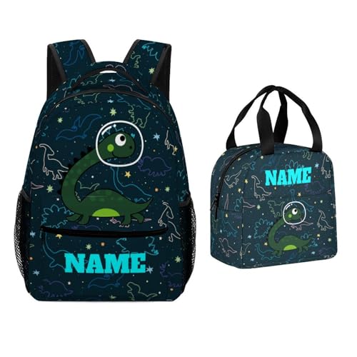 Custom Kids Backpack Set Personalized Name Text Galaxy Dinosaur Backpack with Lunch Box Customize 2 Pcs School Bookbag