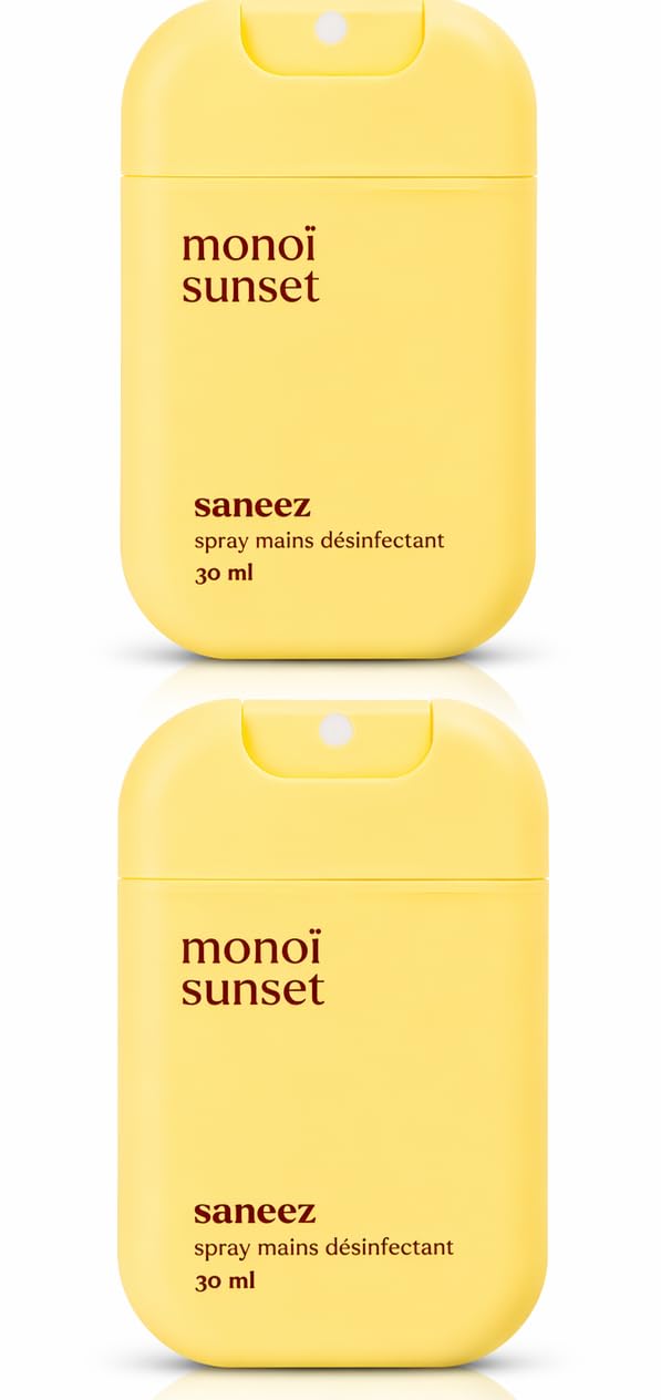 Spray Mains Désinfectant Parfum Monoï – Lot de 2 x 30 ml – Format Poche – Nettoyage Sans Rinçage – Parfum Monoï Sunset