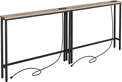 ELYKEN 2 mesas de consola estrechas con tomas de corriente, 15,0 x 100 x 80 cm, estructura metálica y estación de carga con cable de extensión de 1,8 m de largo, roble blanco, 2 unidades