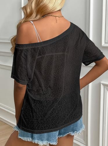 Image of Hilinker Women's Sheer Off The Shoulder Tops See Through Sexy Short Sleeve Mesh Shirt Summer